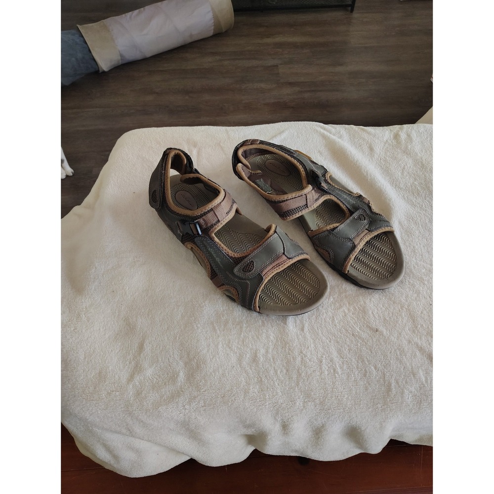 Eddie Bauer‎ Mens Sport Sandals Taupe Green Leather Hiking Strappy Shoes Size 10